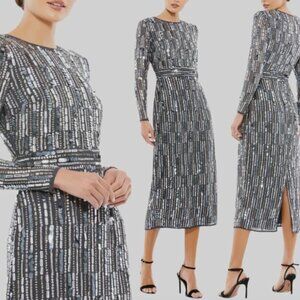 NWT $598 Mac Duggal 93590 Embellished High Neck Long Sleeve Dress Charcoa Size 6
